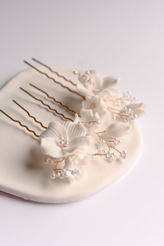 Set of 3 bridal porcelain hair pins in rose gold
