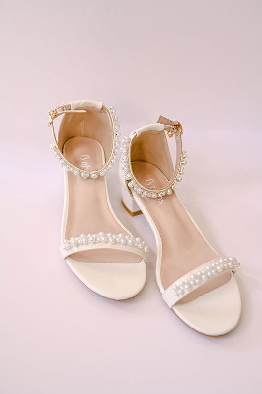 Open toe bridal block heel with pearls on straps
