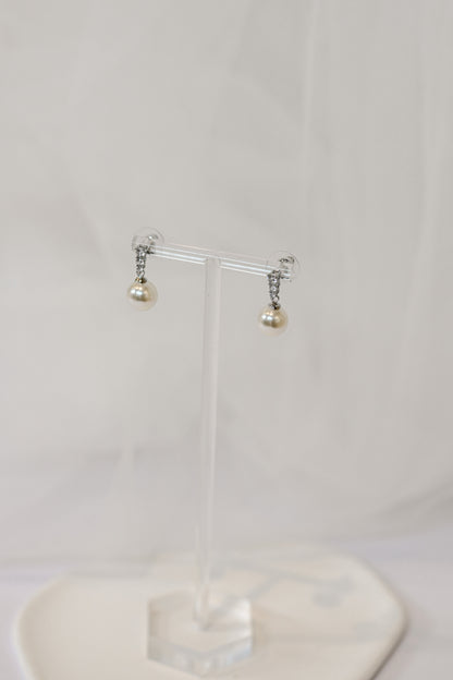 Silver bridal drop earrings with cubic zirconia and a faux pearl